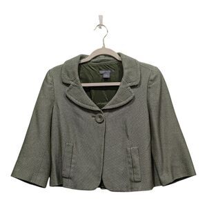 Ann Taylor Green Tweed 3/4 Sleeve Cropped Retro 60s Blazer Jacket, 4